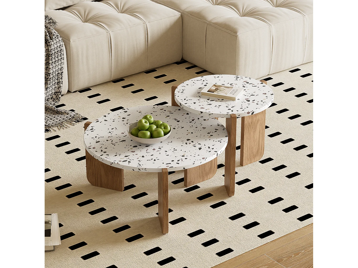 Ensemble de 2 tables basses gigognes blanches rondes pieds bois QEGZA WOOD