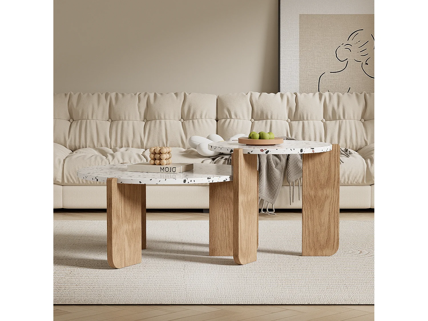 Ensemble de 2 tables basses gigognes blanches rondes pieds bois QEGZA WOOD