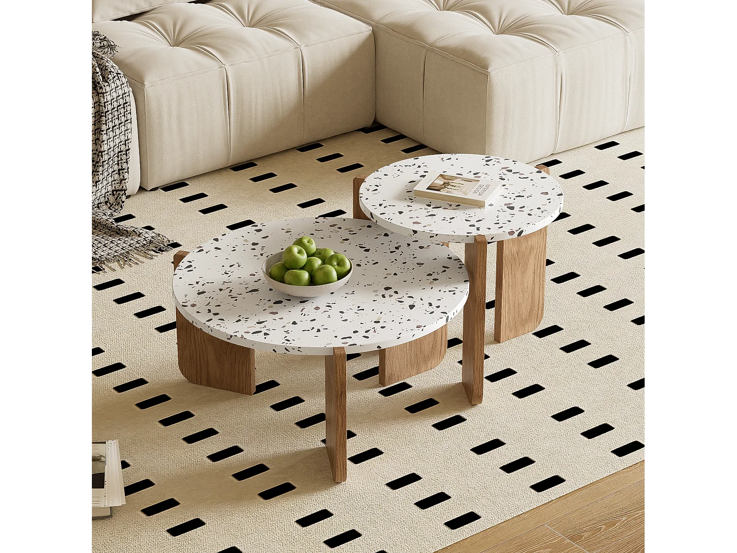 URBAN MEUBLE Ensemble de 2 tables basses gigognes blanches rondes pieds bois