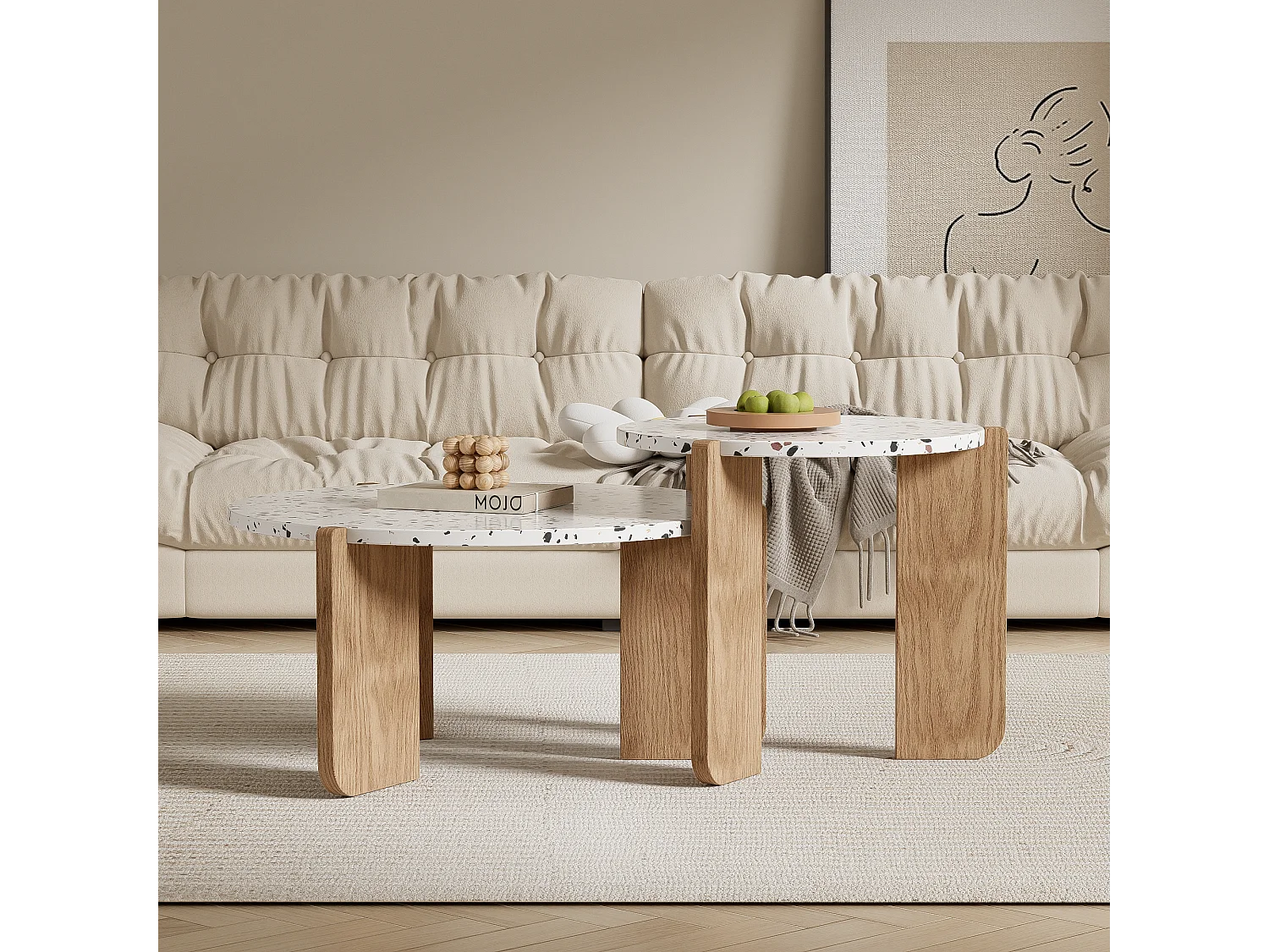 URBAN MEUBLE Ensemble de 2 tables basses gigognes blanches rondes pieds bois