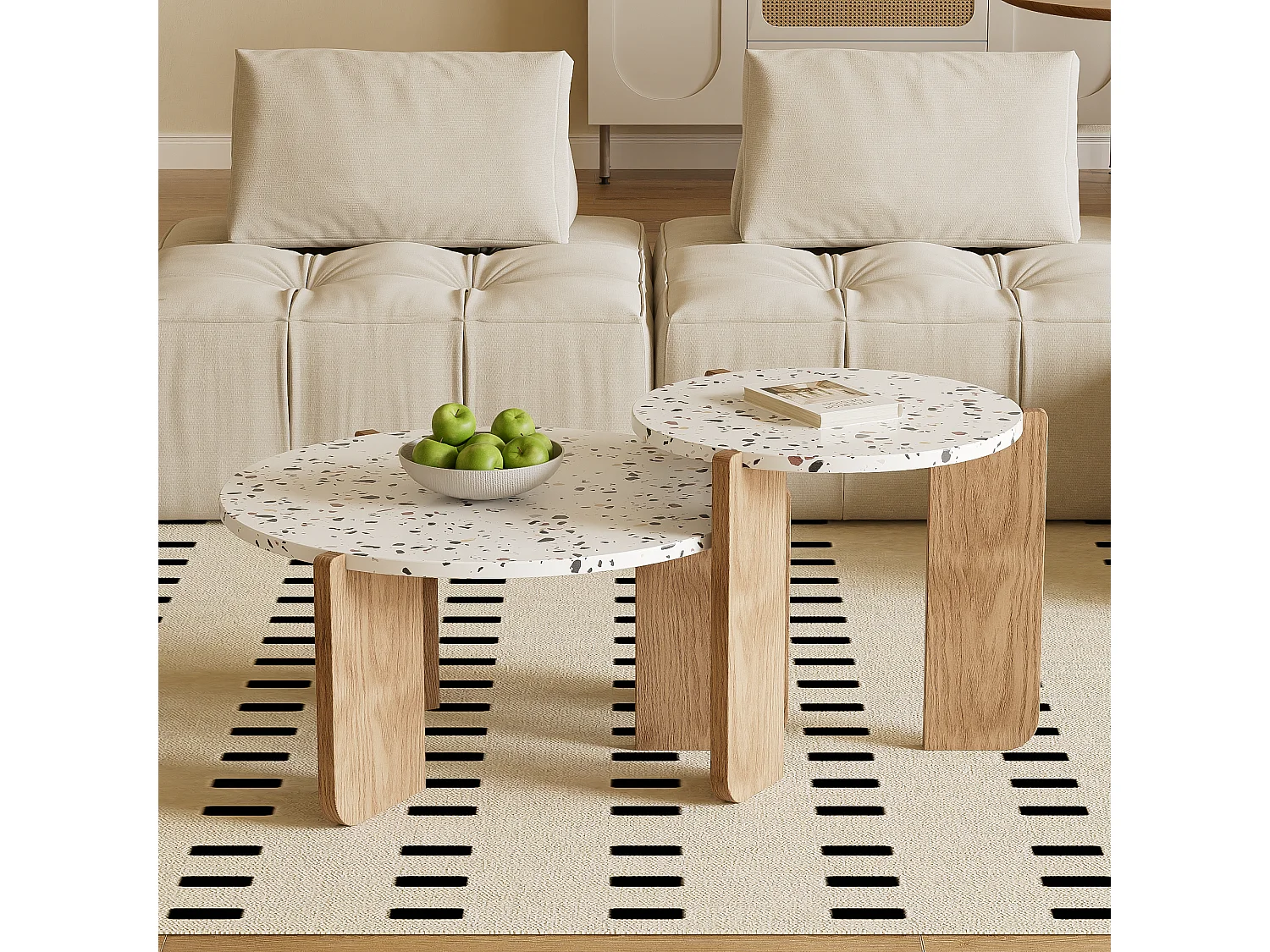 URBAN MEUBLE Ensemble de 2 tables basses gigognes blanches rondes pieds bois