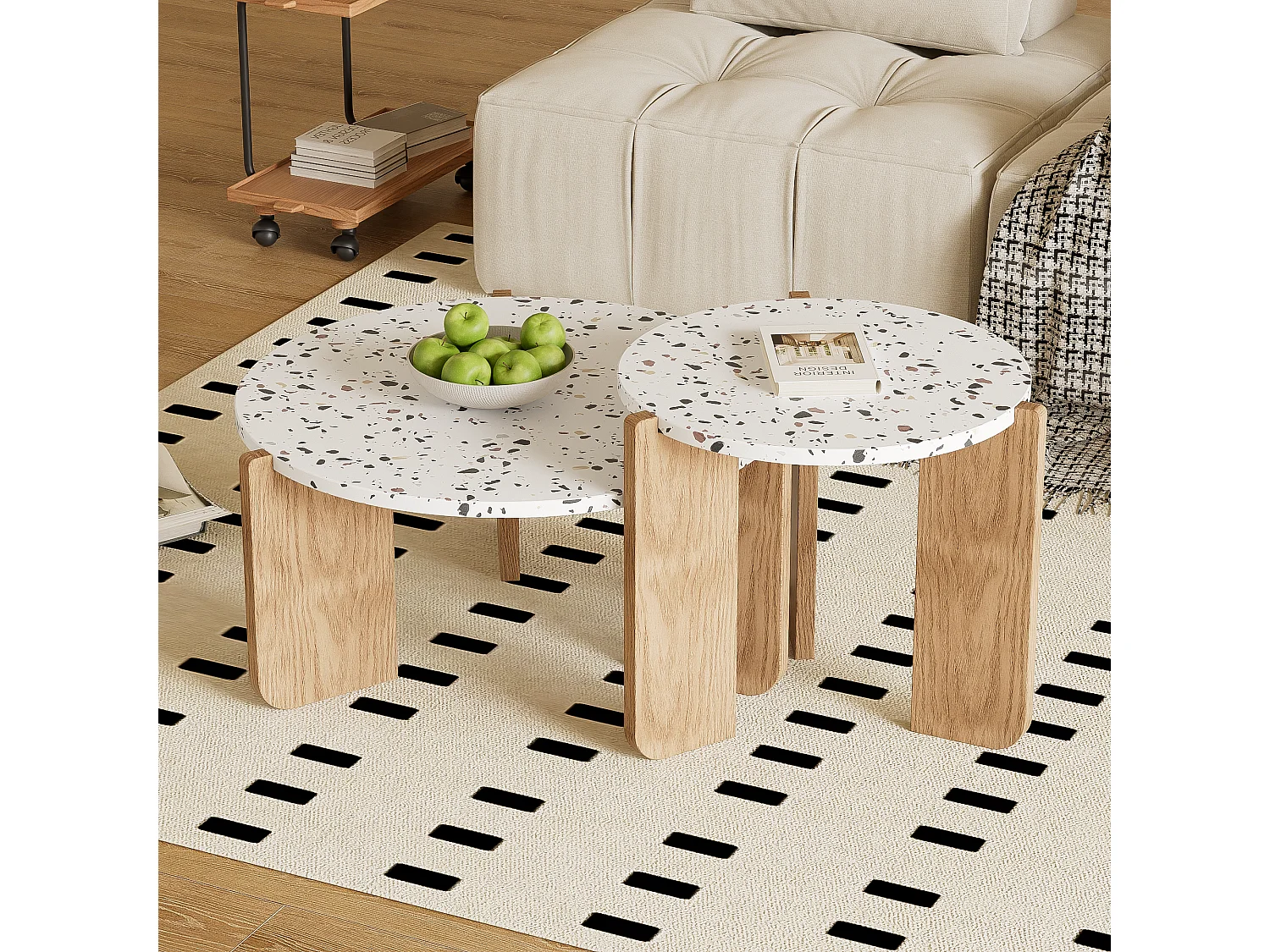 URBAN MEUBLE Ensemble de 2 tables basses gigognes blanches rondes pieds bois