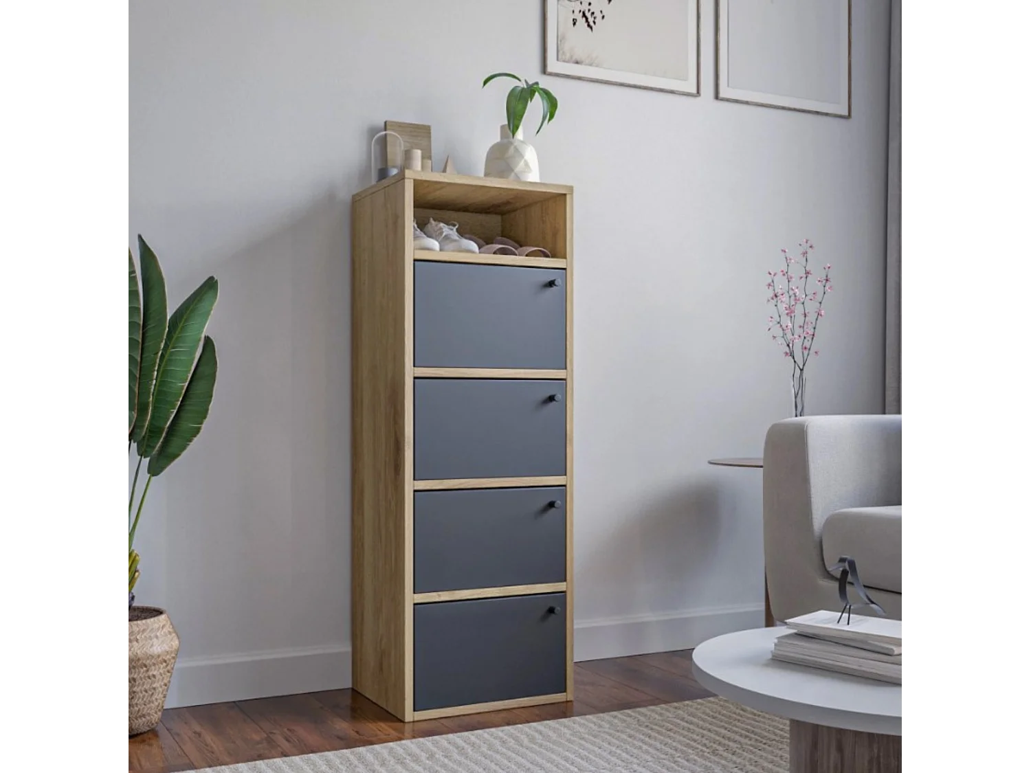 Sapateira com economia de espaço 4 portas 5 prateleiras Armário de entrada estreito em melamina de madeira cm 42x33x118, carvalho e preto - ZIK