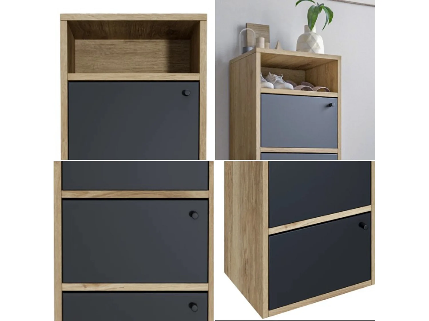 Scarpiera Salvaspazio 4 Ante 5 Ripiani in Legno Melaminico Mobile Slim da Ingresso Armadio cm 42x33x118, Rovere e Nero - ZIK
