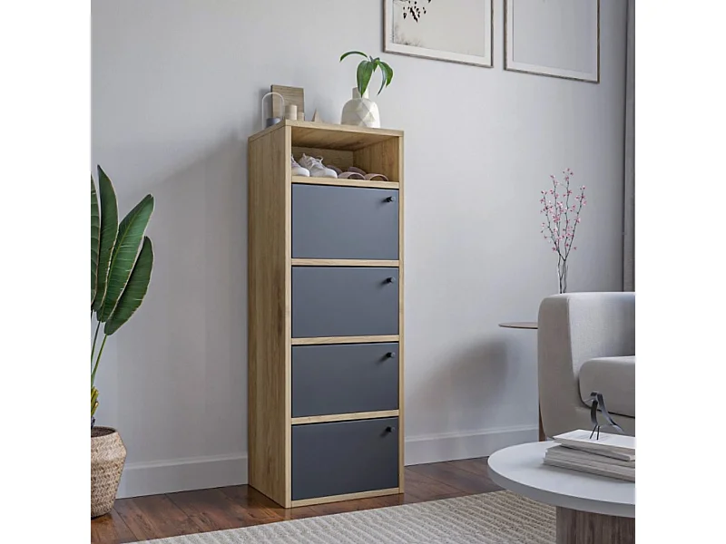 Scarpiera Salvaspazio 4 Ante 5 Ripiani in Legno Melaminico Mobile Slim da Ingresso Armadio cm 42x33x118, Rovere e Nero - ZIK