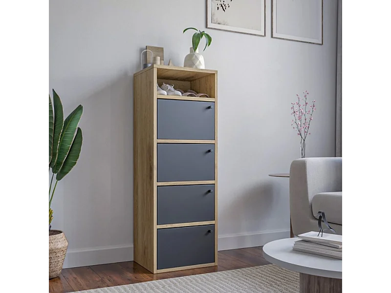 Sapateira com economia de espaço 4 portas 5 prateleiras Armário de entrada estreito em melamina de madeira cm 42x33x118, carvalho e preto - ZIK