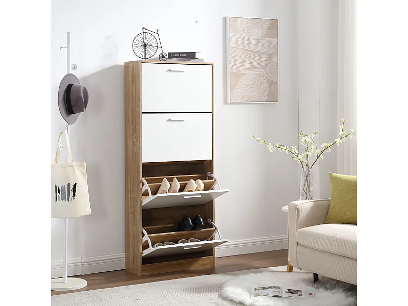 Scarpiera Salvaspazio 4 Ante Doppie Ripiani cm 63x24x155 in Legno da Ingresso, Bianco e Rovere - ZIK