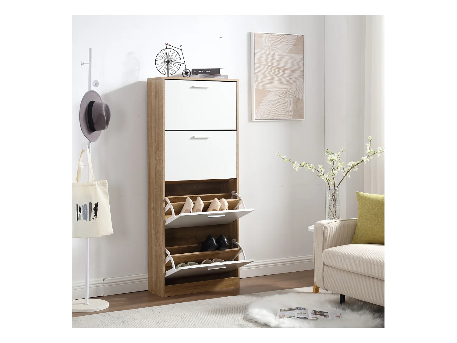 Zapatero 4 Puertas Dobles 63x24x155 cm Estantería Entrada Madera, Blanco y Roble - ZIK