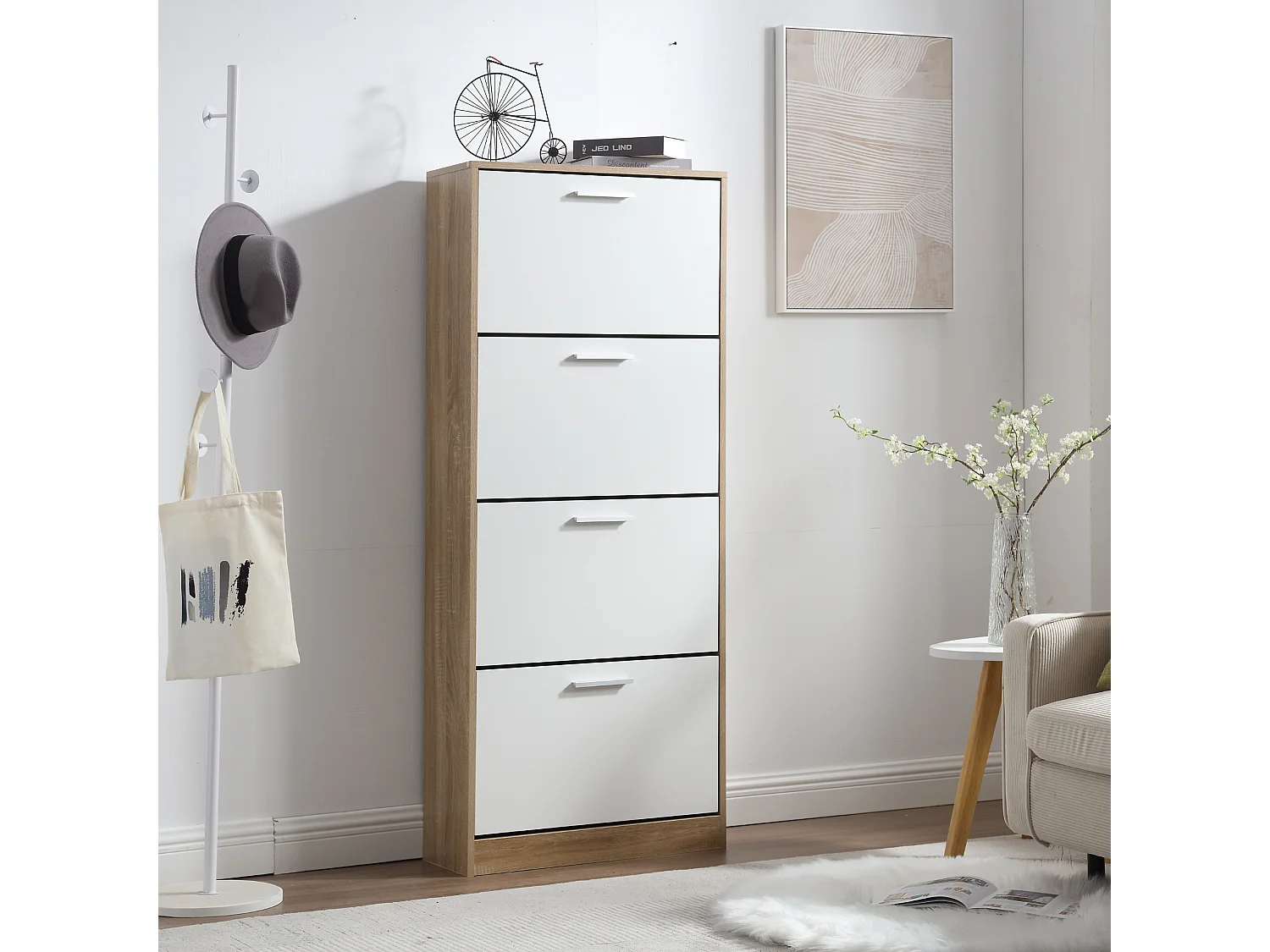 Scarpiera Salvaspazio 4 Ante Doppie Ripiani cm 63x24x155 in Legno da Ingresso, Bianco e Rovere - ZIK