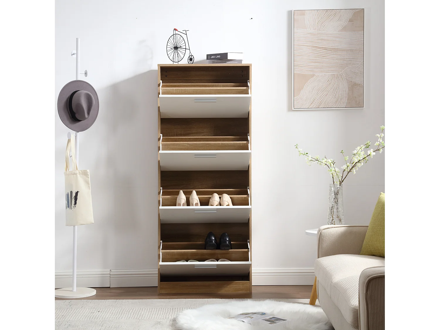 Scarpiera Salvaspazio 4 Ante Doppie Ripiani cm 63x24x155 in Legno da Ingresso, Bianco e Rovere - ZIK