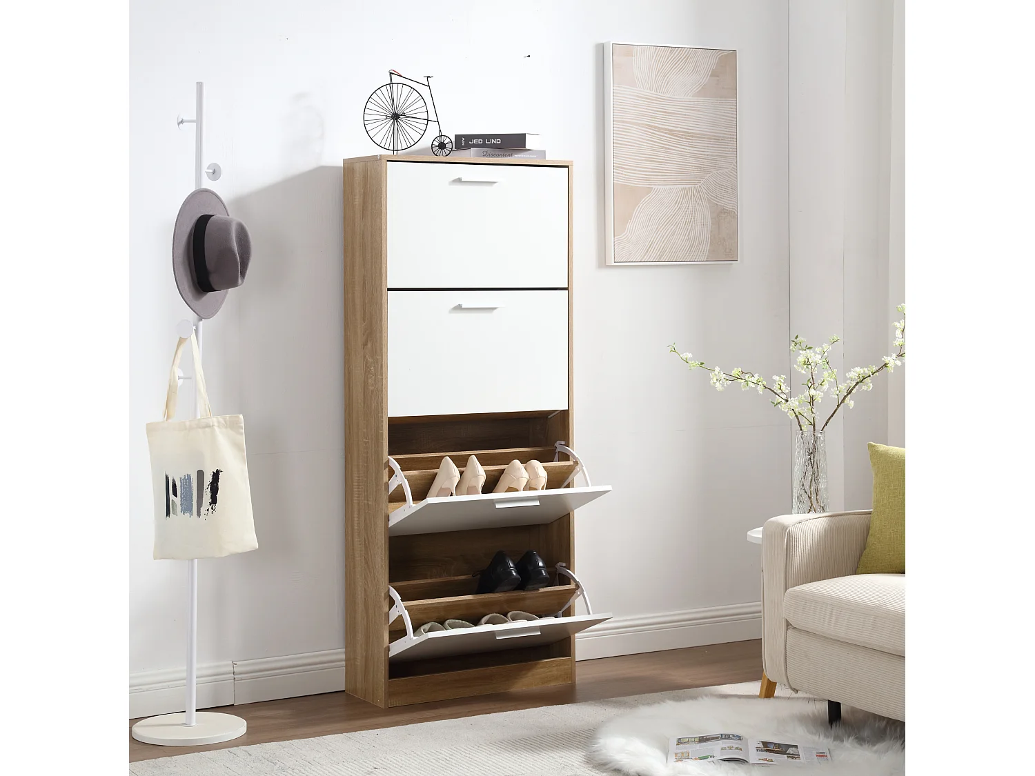 Scarpiera Salvaspazio 4 Ante Doppie Ripiani cm 63x24x155 in Legno da Ingresso, Bianco e Rovere - ZIK