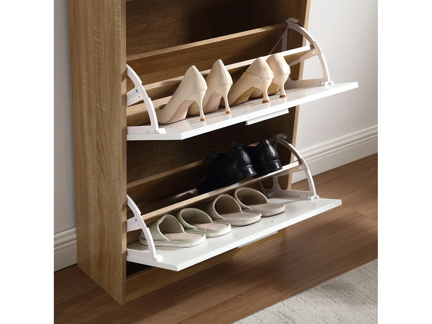 Scarpiera Salvaspazio 4 Ante Doppie Ripiani cm 63x24x155 in Legno da Ingresso, Bianco e Rovere - ZIK