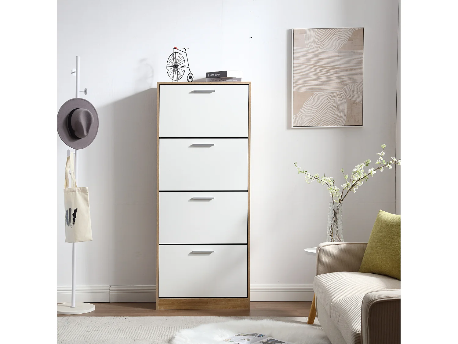 Scarpiera Salvaspazio 4 Ante Doppie Ripiani cm 63x24x155 in Legno da Ingresso, Bianco e Rovere - ZIK