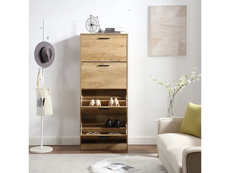 Zapatero Ahorro de Espacio 4 Puertas Estantes Dobles cm 63x24x155 en Madera para Entrada Slim, Roble - ZIK