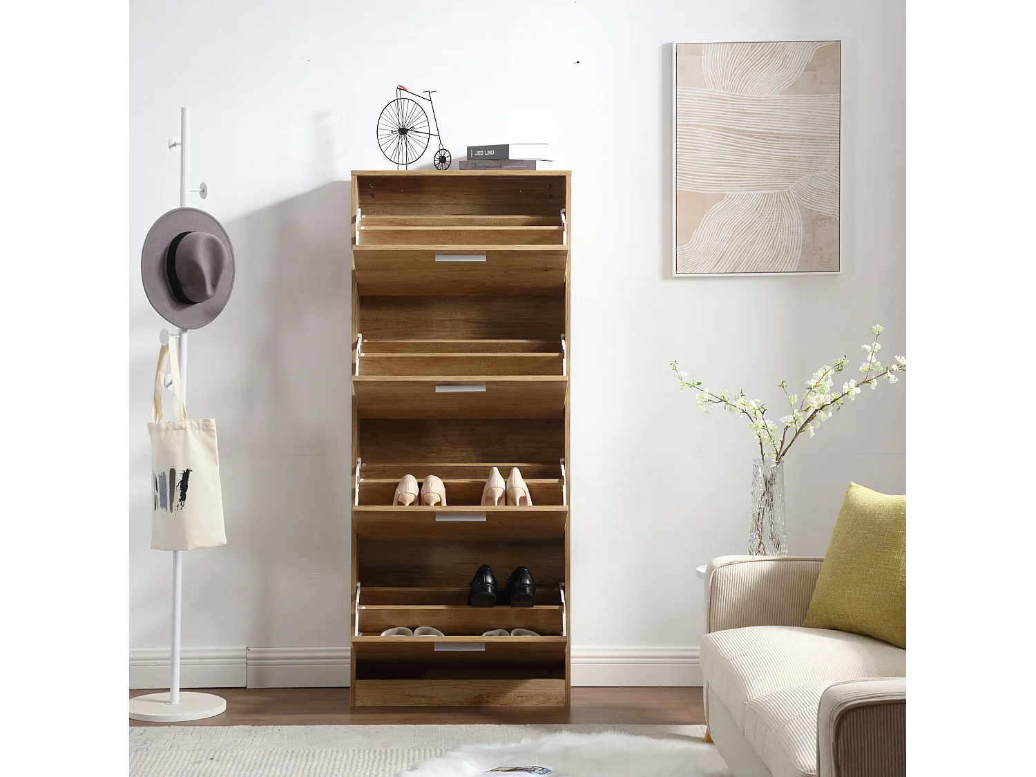 Zapatero Ahorro de Espacio 4 Puertas Estantes Dobles cm 63x24x155 en Madera para Entrada Slim, Roble - ZIK