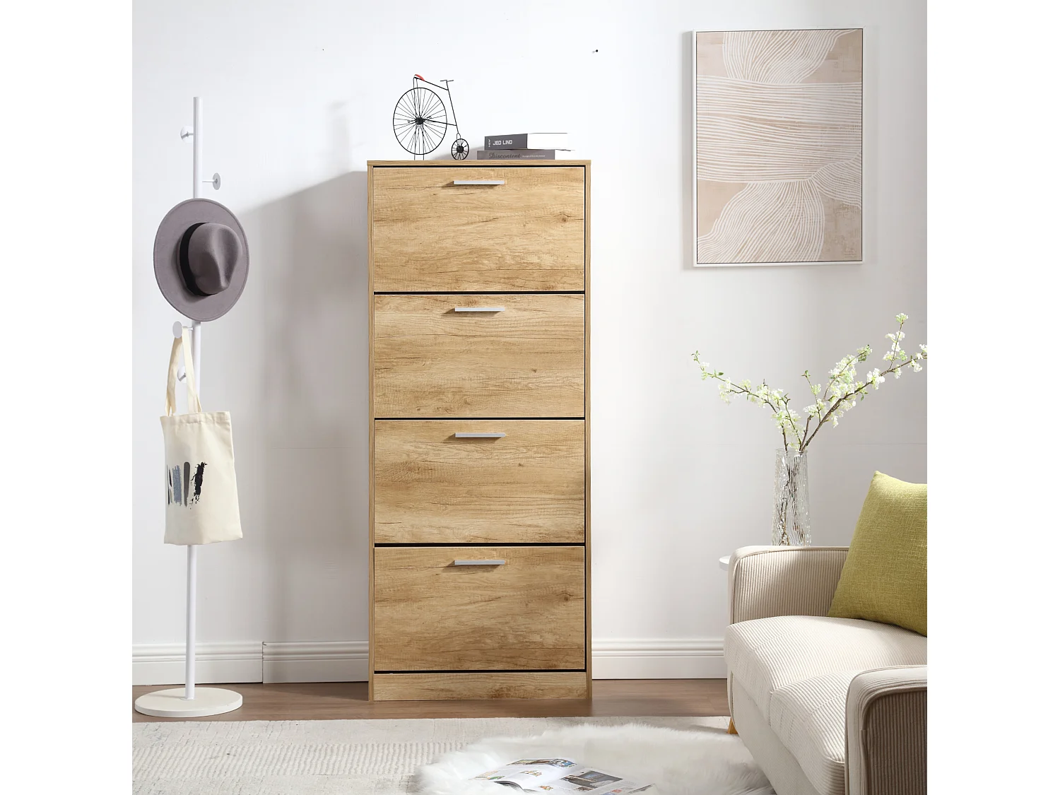 Zapatero Ahorro de Espacio 4 Puertas Estantes Dobles cm 63x24x155 en Madera para Entrada Slim, Roble - ZIK