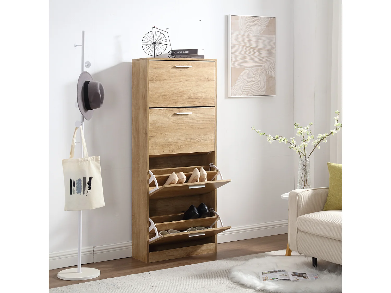 Zapatero Ahorro de Espacio 4 Puertas Estantes Dobles cm 63x24x155 en Madera para Entrada Slim, Roble - ZIK