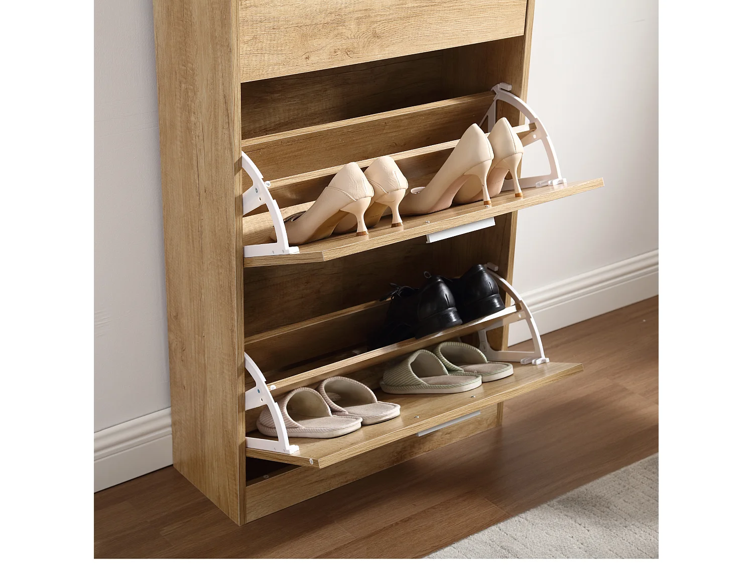 Zapatero Ahorro de Espacio 4 Puertas Estantes Dobles cm 63x24x155 en Madera para Entrada Slim, Roble - ZIK