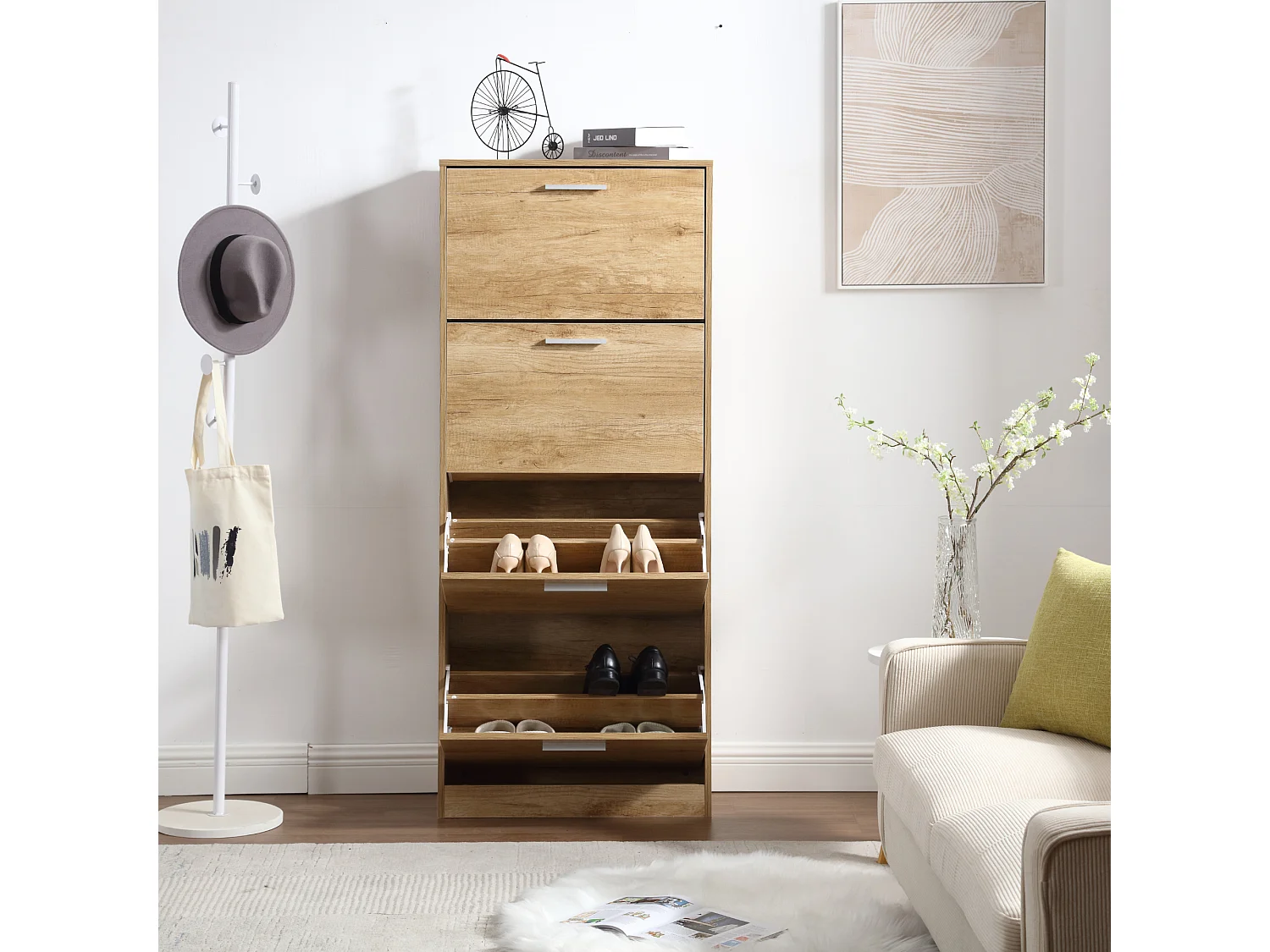 Zapatero Ahorro de Espacio 4 Puertas Estantes Dobles cm 63x24x155 en Madera para Entrada Slim, Roble - ZIK