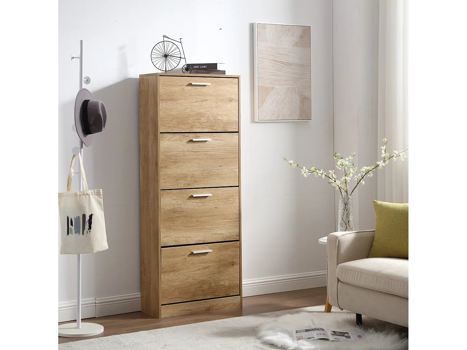 Scarpiera Salvaspazio 4 Ante Doppie Ripiani cm 63x24x155 in Legno da Ingresso Slim, Rovere - ZIK