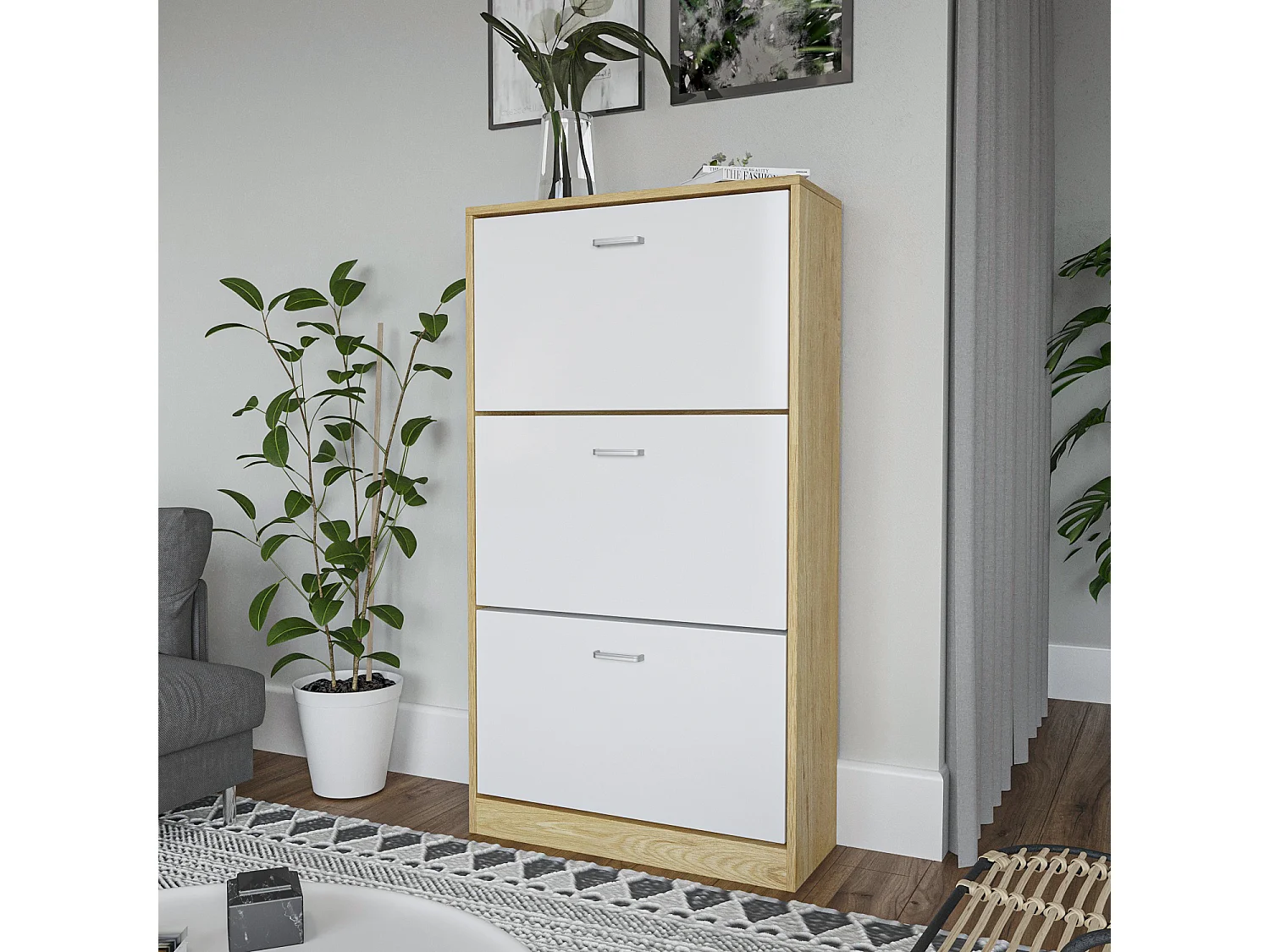 Scarpiera Salvaspazio Da Ingresso 3 Ante Ribalta Doppie, Mobile in Legno Slim, Rovere e Bianco 63x24x115 - ZIK