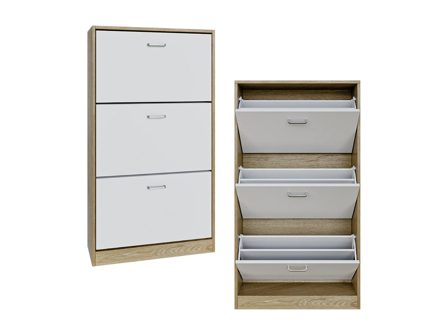 Scarpiera Salvaspazio Da Ingresso 3 Ante Ribalta Doppie, Mobile in Legno Slim, Rovere e Bianco 63x24x115 - ZIK