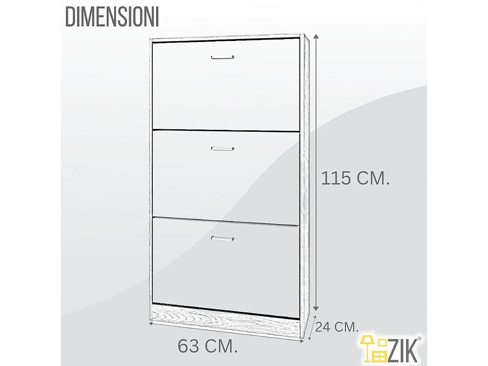 Scarpiera Salvaspazio Da Ingresso 3 Ante Ribalta Doppie, Mobile in Legno Slim, Rovere e Bianco 63x24x115 - ZIK