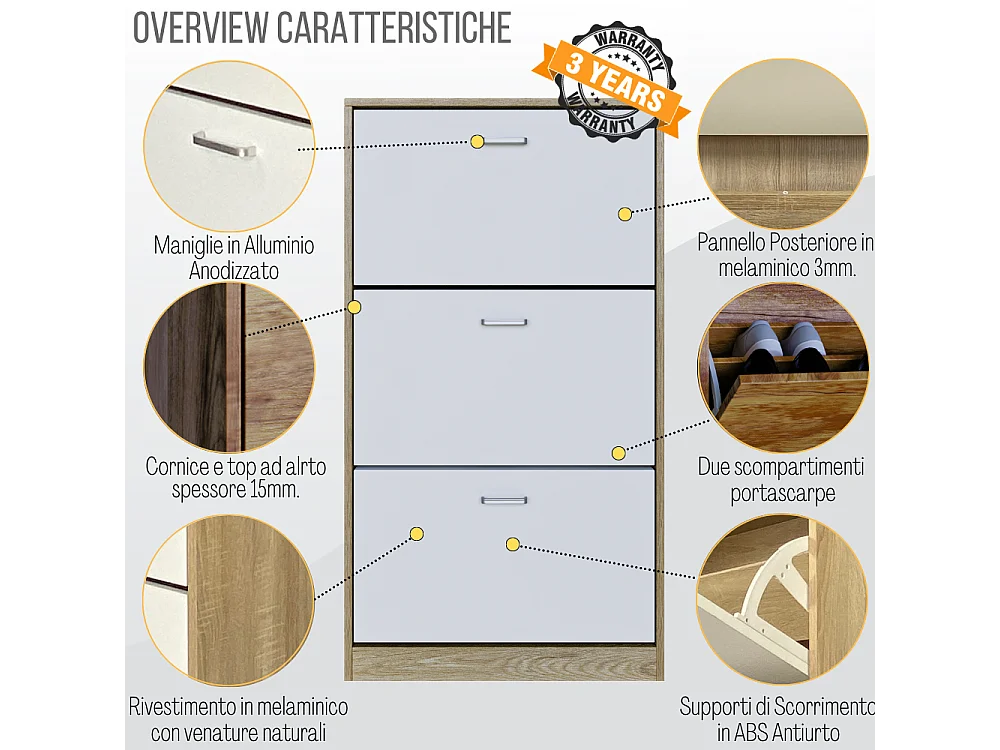 Scarpiera Salvaspazio Da Ingresso 3 Ante Ribalta Doppie, Mobile in Legno Slim, Rovere e Bianco 63x24x115 - ZIK