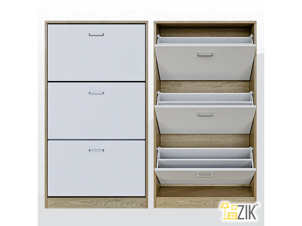 Scarpiera Salvaspazio Da Ingresso 3 Ante Ribalta Doppie, Mobile in Legno Slim, Rovere e Bianco 63x24x115 - ZIK
