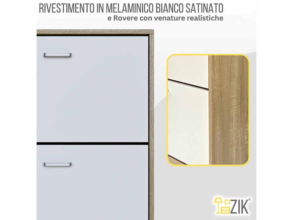 Scarpiera Salvaspazio Da Ingresso 3 Ante Ribalta Doppie, Mobile in Legno Slim, Rovere e Bianco 63x24x115 - ZIK