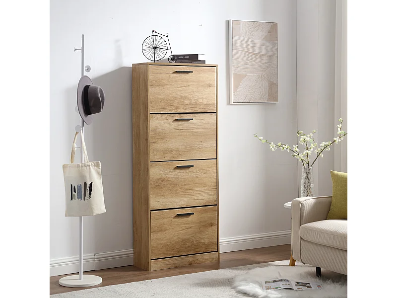 Sapateira economizadora de espaço 4 portas Prateleiras duplas cm 63x24x155 Madeira de carvalho Design de entrada Slim - ZIK