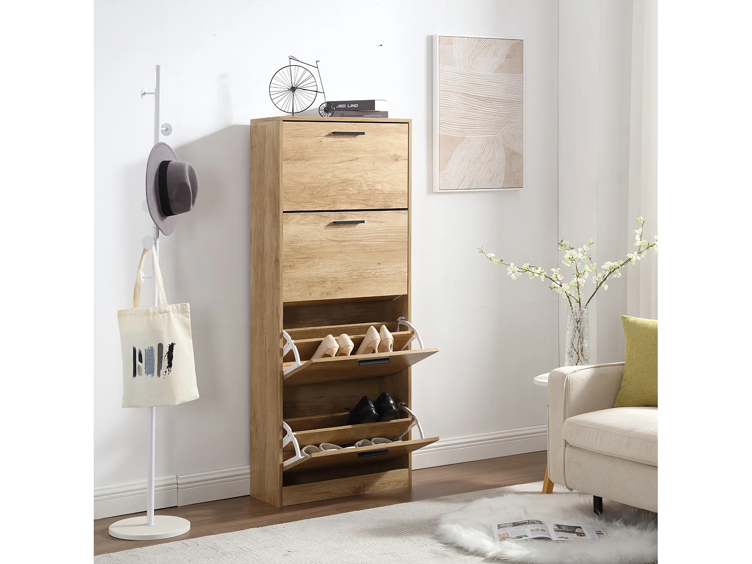 Sapateira economizadora de espaço 4 portas Prateleiras duplas cm 63x24x155 Madeira de carvalho Design de entrada Slim - ZIK