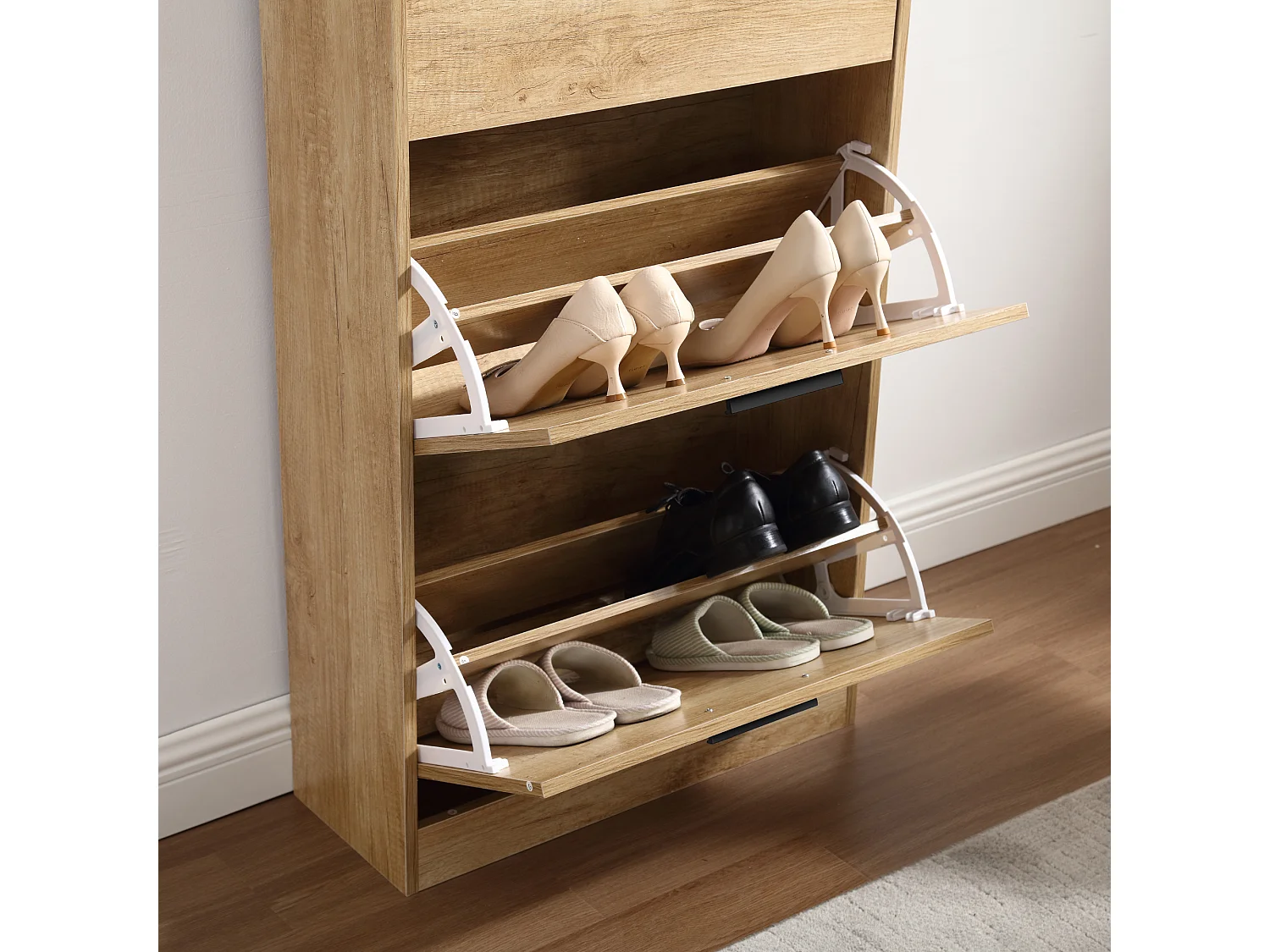 Sapateira economizadora de espaço 4 portas Prateleiras duplas cm 63x24x155 Madeira de carvalho Design de entrada Slim - ZIK