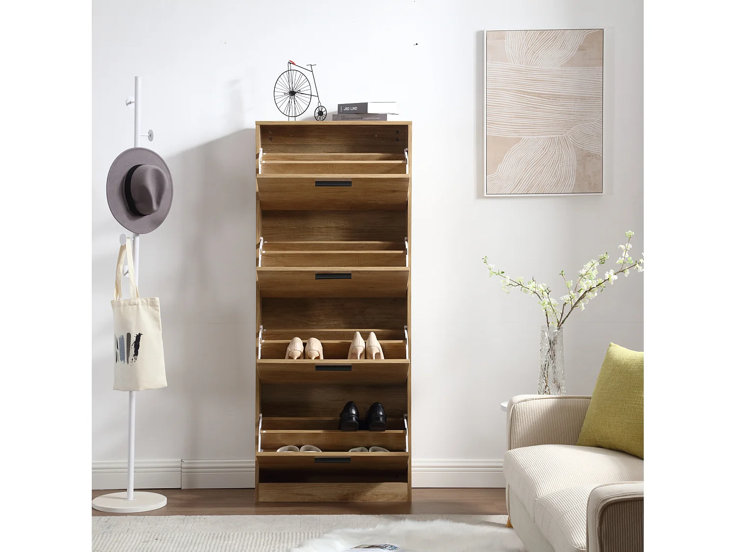 Sapateira economizadora de espaço 4 portas Prateleiras duplas cm 63x24x155 Madeira de carvalho Design de entrada Slim - ZIK