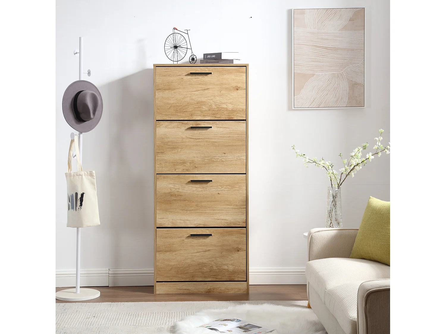 Sapateira economizadora de espaço 4 portas Prateleiras duplas cm 63x24x155 Madeira de carvalho Design de entrada Slim - ZIK