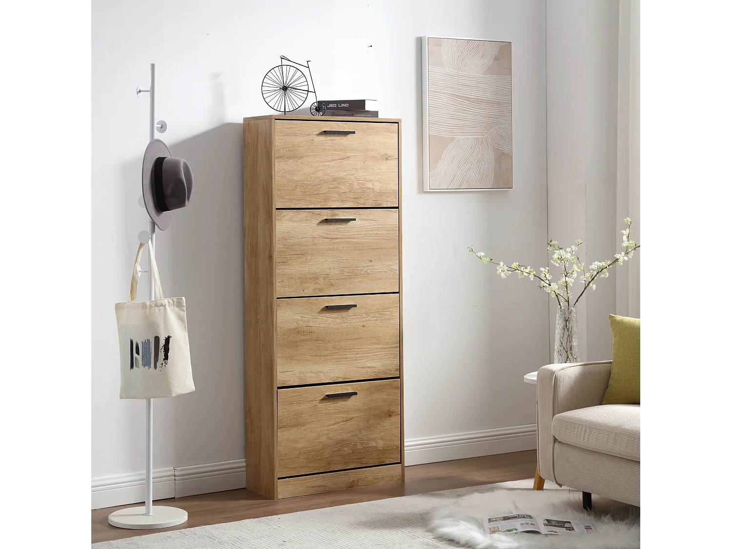 Sapateira economizadora de espaço 4 portas Prateleiras duplas cm 63x24x155 Madeira de carvalho Design de entrada Slim - ZIK