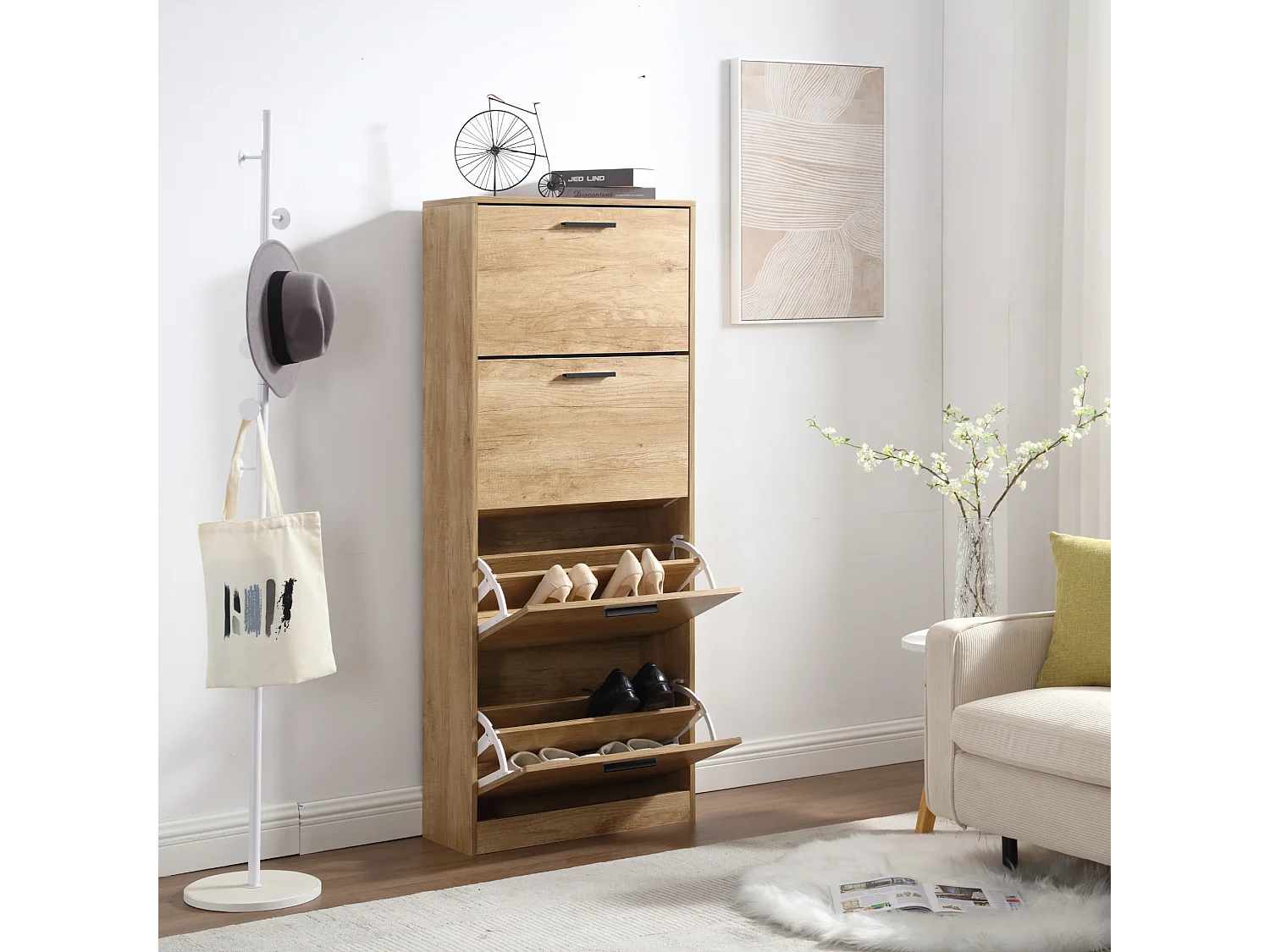 Sapateira economizadora de espaço 4 portas Prateleiras duplas cm 63x24x155 Madeira de carvalho Design de entrada Slim - ZIK