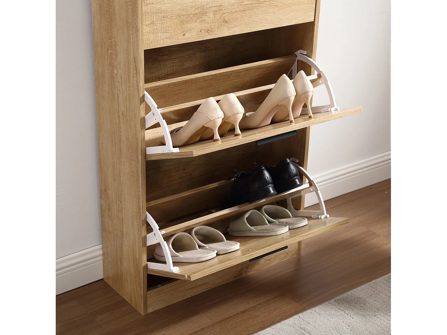 Sapateira economizadora de espaço 4 portas Prateleiras duplas cm 63x24x155 Madeira de carvalho Design de entrada Slim - ZIK