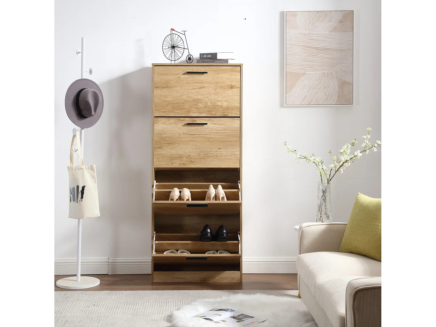 Sapateira economizadora de espaço 4 portas Prateleiras duplas cm 63x24x155 Madeira de carvalho Design de entrada Slim - ZIK