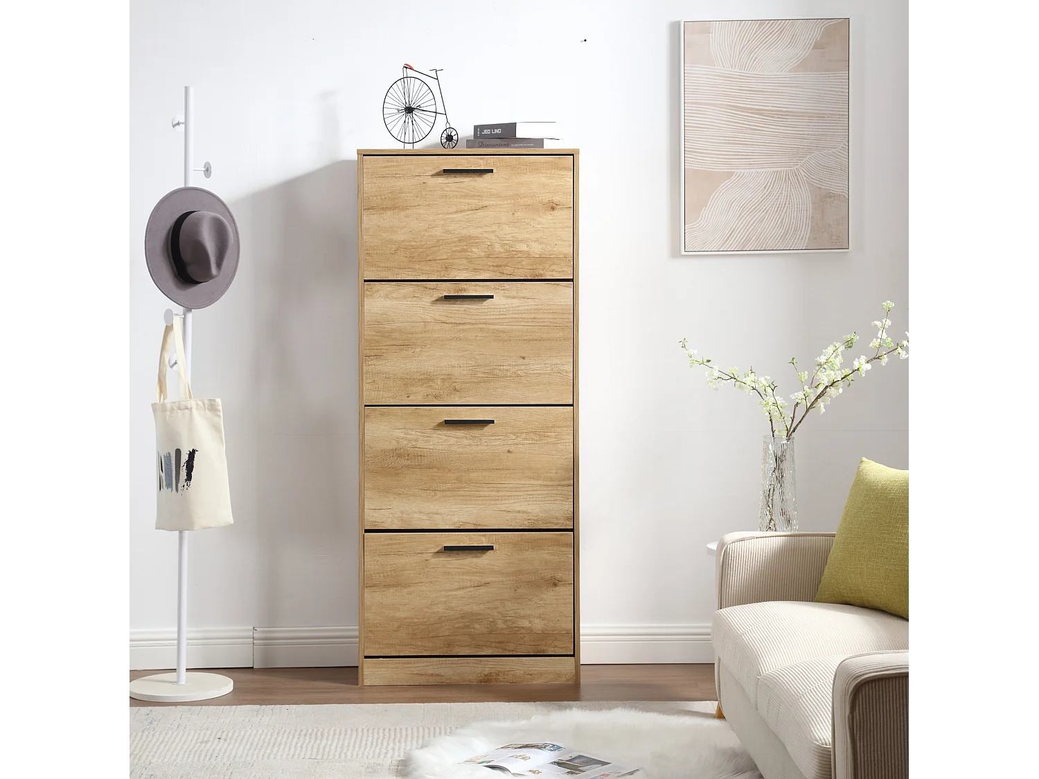 Sapateira economizadora de espaço 4 portas Prateleiras duplas cm 63x24x155 Madeira de carvalho Design de entrada Slim - ZIK