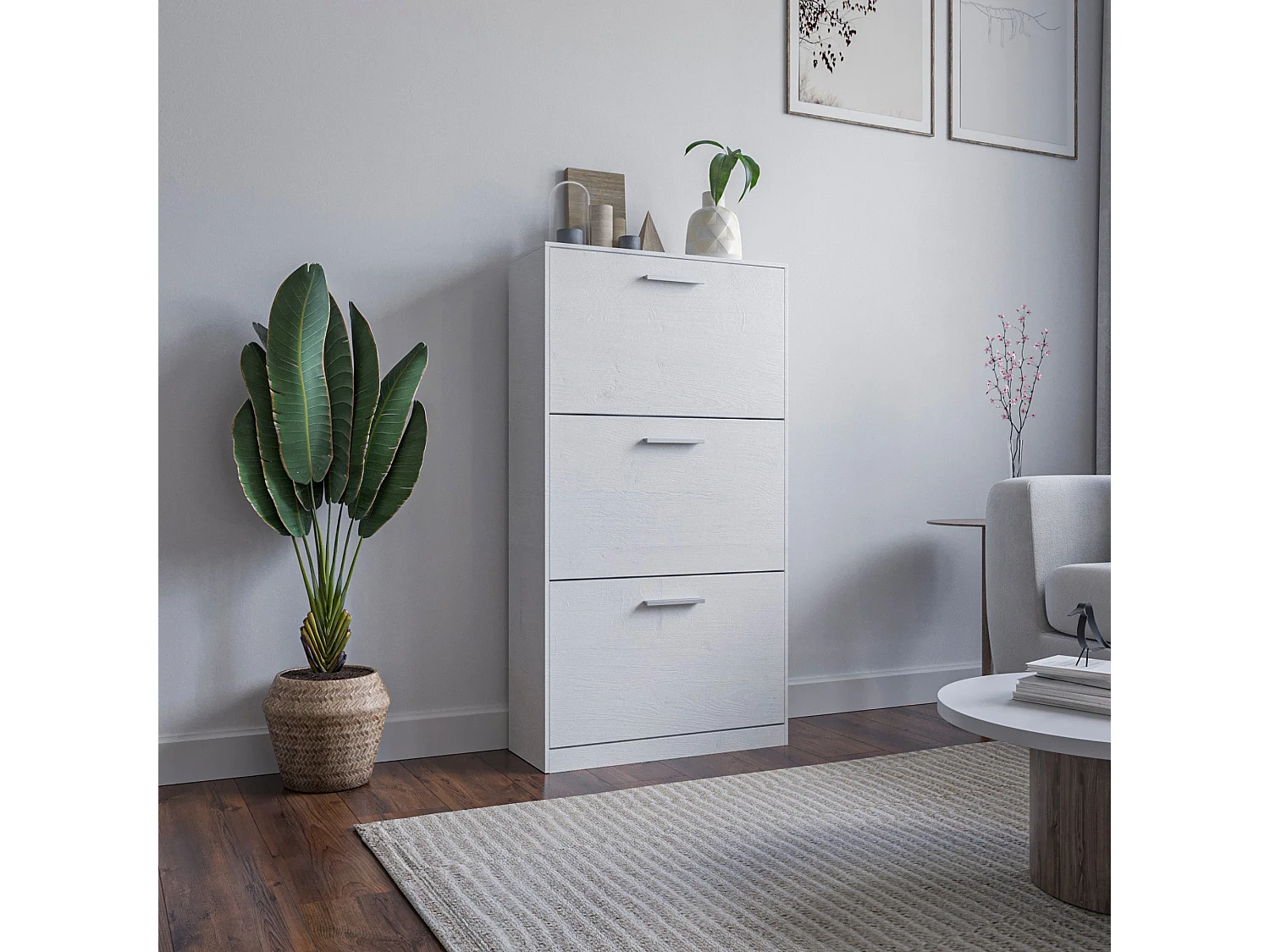 Mueble zapatero de entrada 3 puertas dobles plegables, mueble delgado de madera melaminada 63x24x115h, Blanco - ZIK