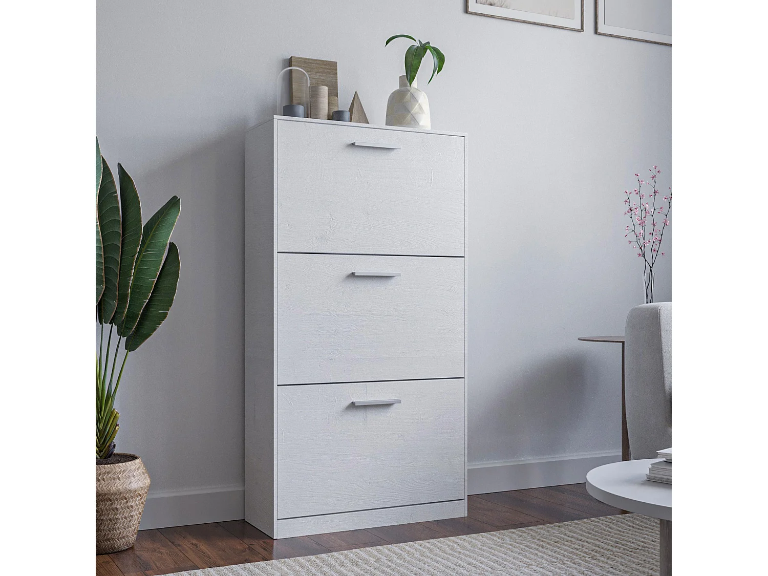 Scarpiera Salvaspazio da Ingresso 3 Ante a Ribalta Doppie, Mobile Slim In Legno Melaminico 63x24x115h, Bianco - ZIK
