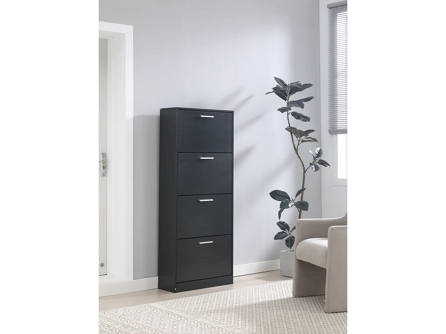 Scarpiera Salvaspazio 4 Ante Doppie Ripiani cm 63x24x155 Mobile in Legno da Ingresso Design, Portascarpe Nero - ZIK