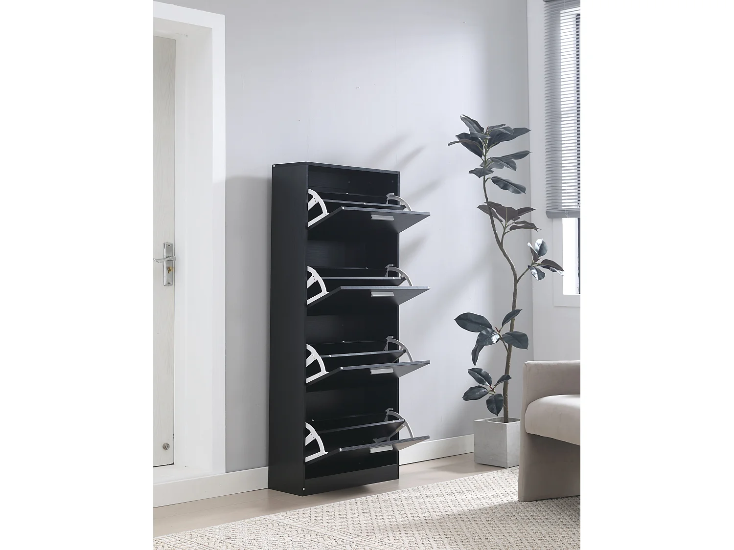 Scarpiera Salvaspazio 4 Ante Doppie Ripiani cm 63x24x155 Mobile in Legno da Ingresso Design, Portascarpe Nero - ZIK