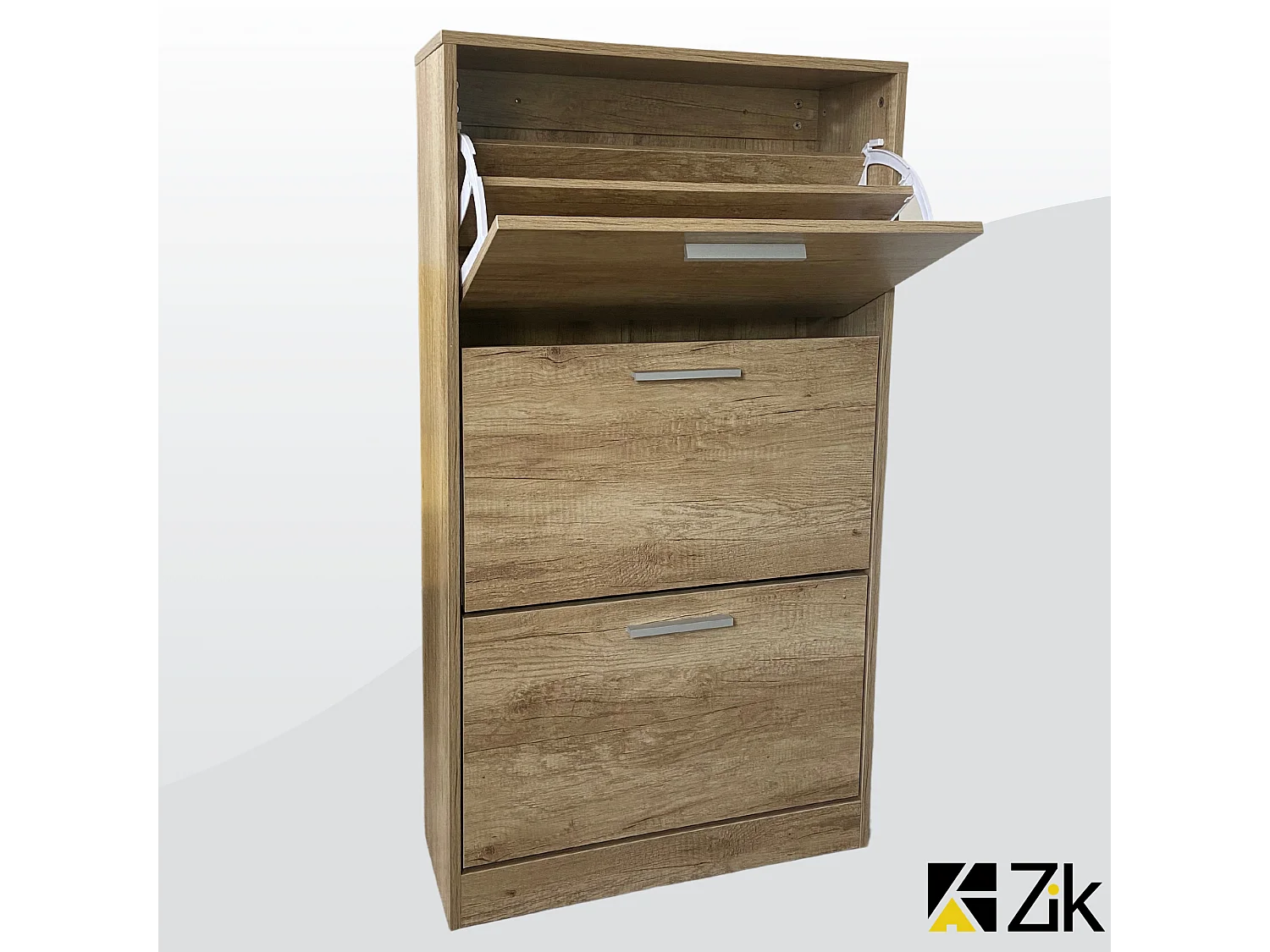 Mueble zapatero de madera de roble 63x24x115cm, 3 puertas plegables, doble fondo, para entrada, muebles bajos - ZIK