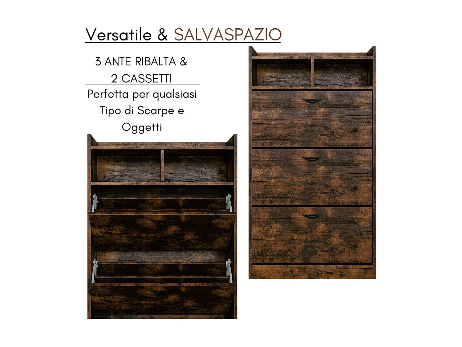 Sapateira de entrada economizadora de espaço 3 portas duplas dobráveis em madeira, 2 compartimentos diurnos, sapateira fina, cm 63x24x120 - ZIK