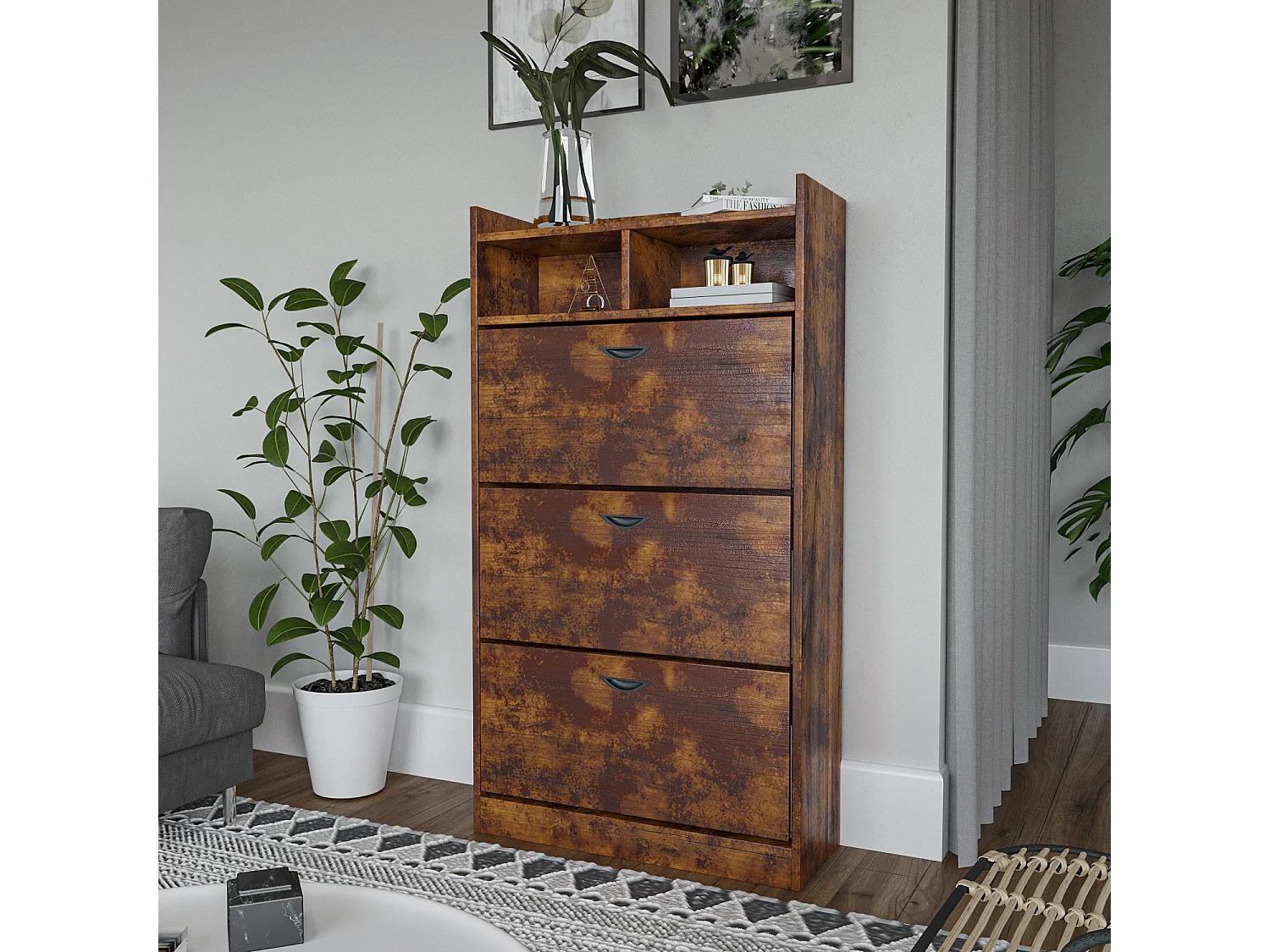 Scarpiera Salvaspazio da Ingresso 3 Ante Doppie a Ribalta in Legno, 2 Vani a Giorno, Mobile Porta Scarpe Slim, cm 63x24x120 - ZIK