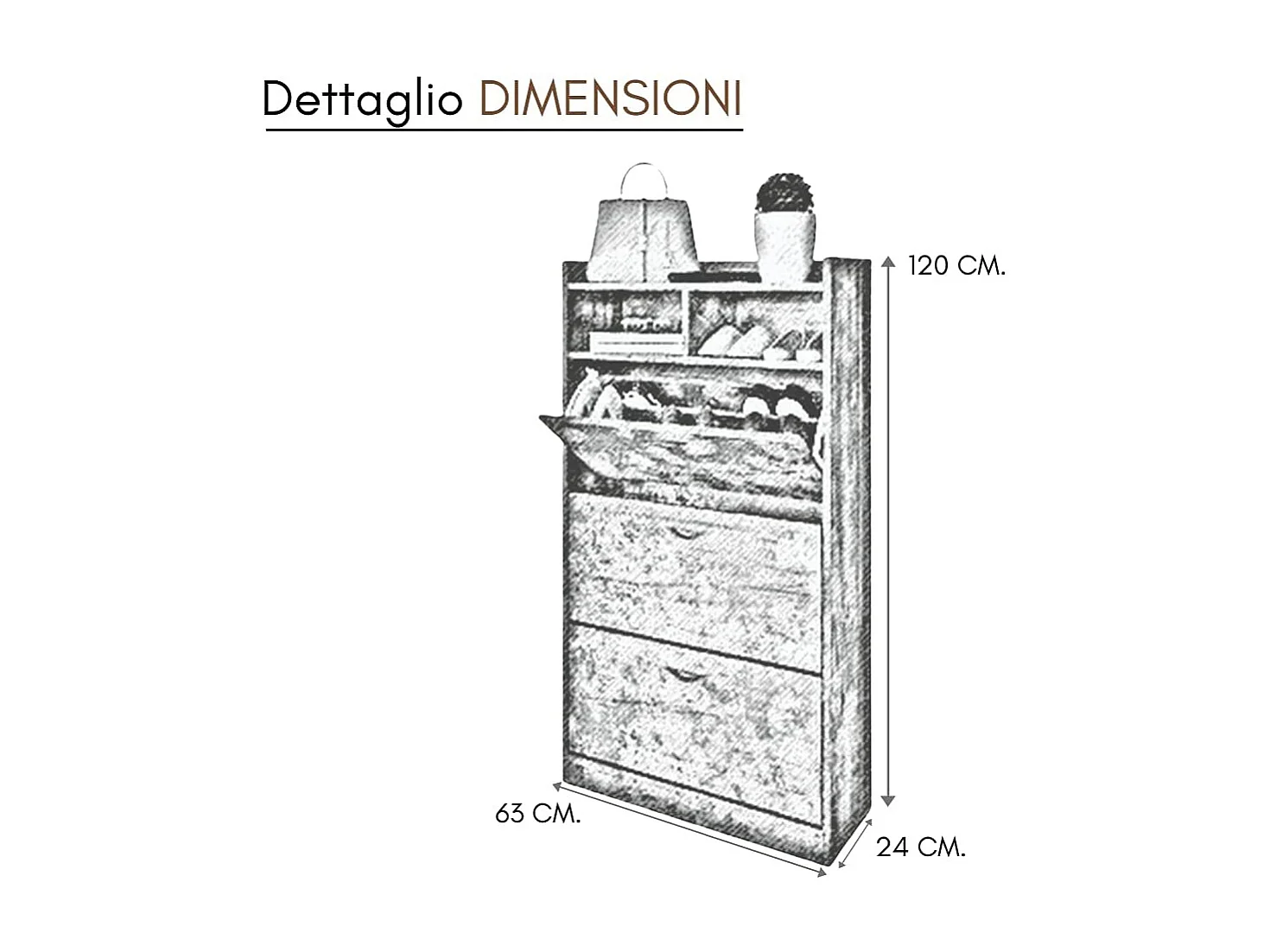 Scarpiera Salvaspazio da Ingresso 3 Ante Doppie a Ribalta in Legno, 2 Vani a Giorno, Mobile Porta Scarpe Slim, cm 63x24x120 - ZIK