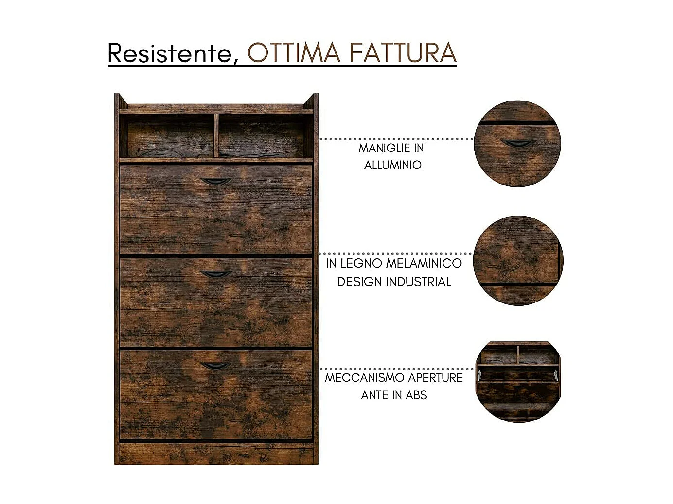 Scarpiera Salvaspazio da Ingresso 3 Ante Doppie a Ribalta in Legno, 2 Vani a Giorno, Mobile Porta Scarpe Slim, cm 63x24x120 - ZIK