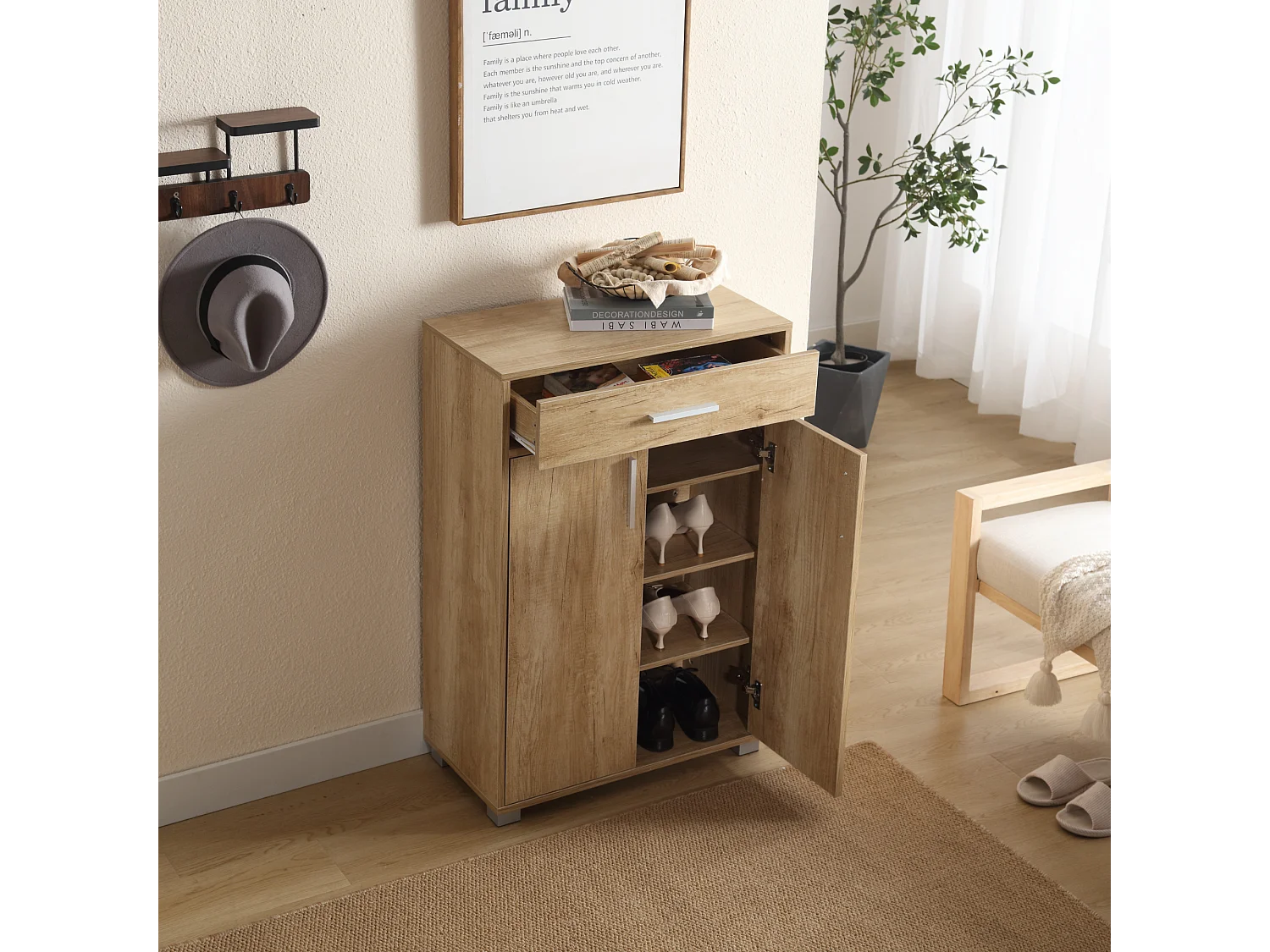 Armario zapatero 5 estantes 2 puertas 1 cajón cm 63x33x95 en Madera Armario de entrada, Roble - ZIK